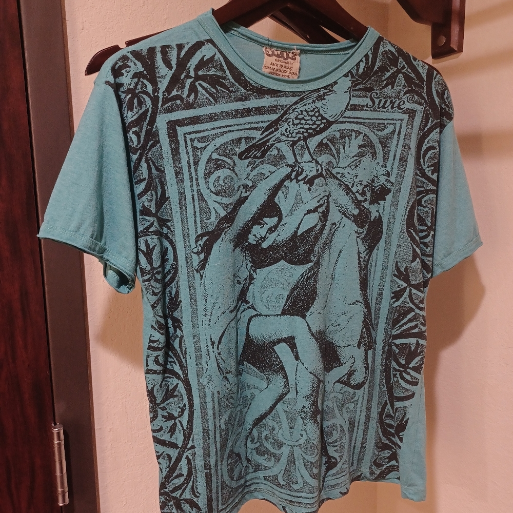 Blue boho Tribal bird girl print shirt S Sure